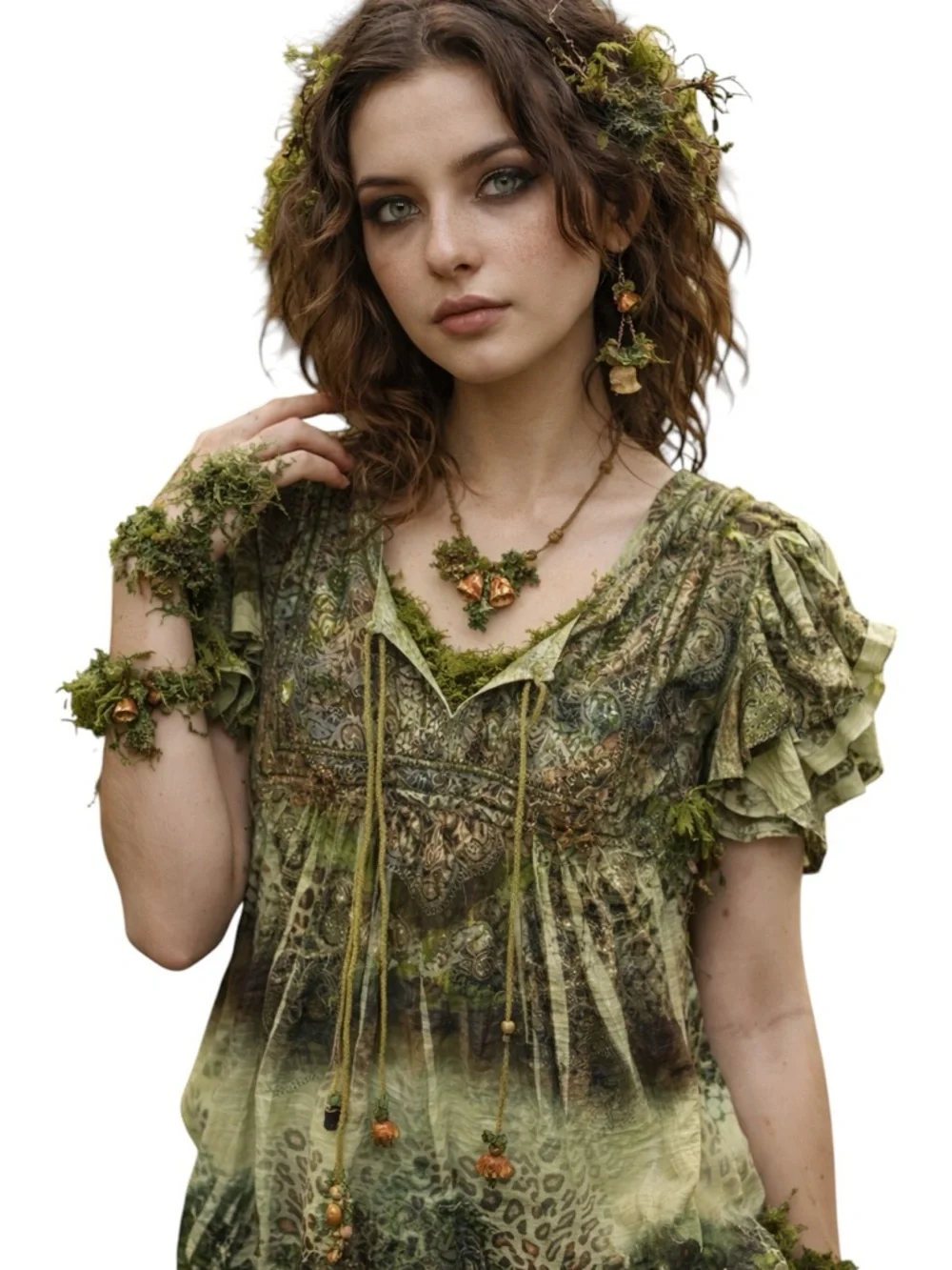 Energe One World Green Patterned Blouse Size XL Dark Fairy Goblincore Forest - Picture 1 of 6
